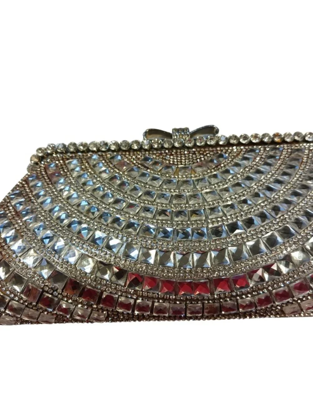 Lulu Townsend Y2K Crystal Evening Clutch Silver Rhinestone Bow Formal Bag Early